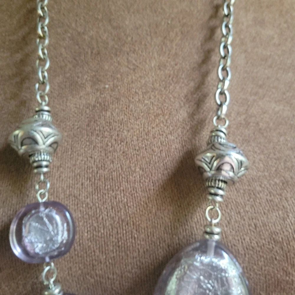 Silver Foil Lucite Bead Chunky Link‎ Statement Necklace Whimsical